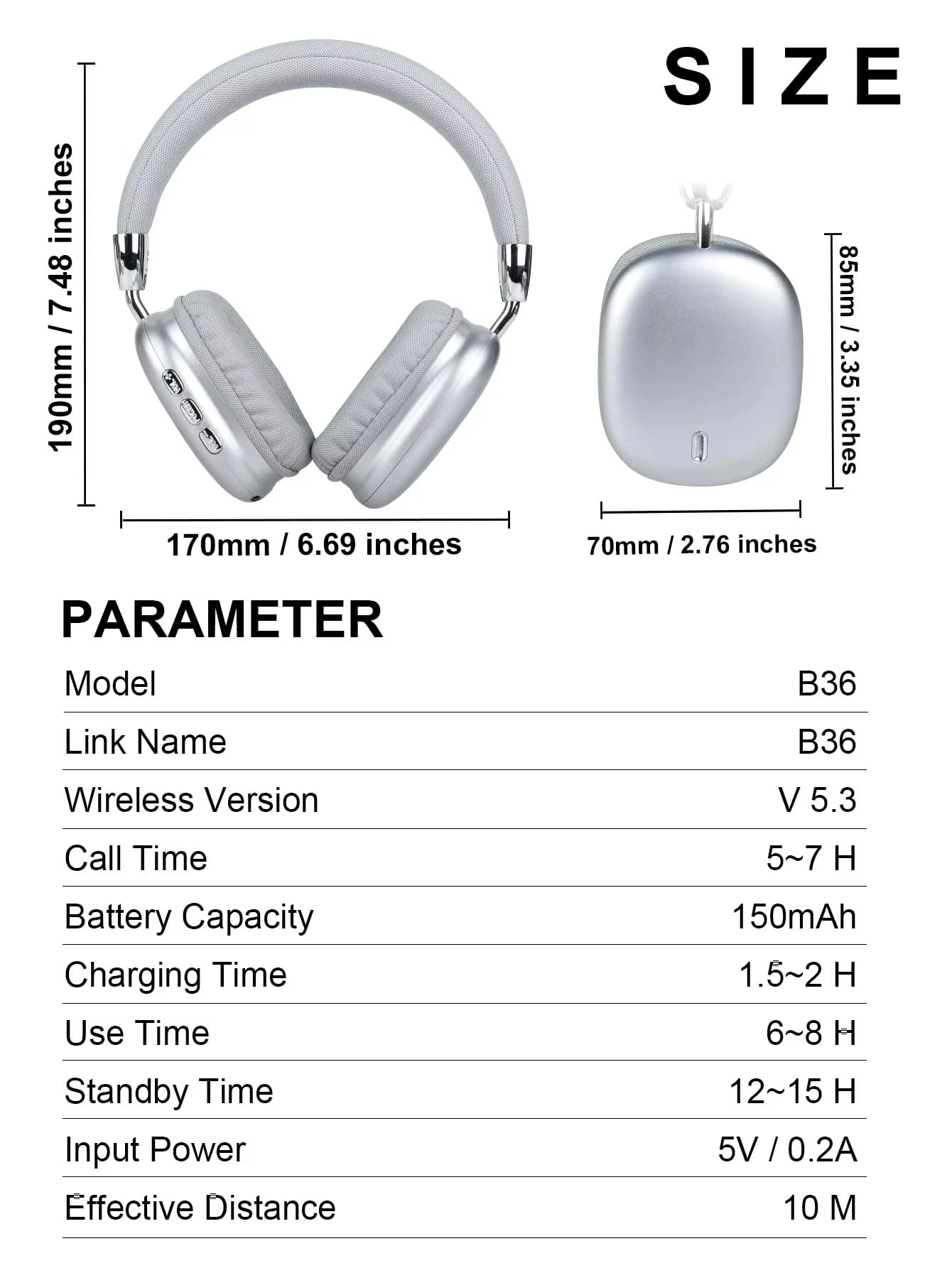 B36 Wireless Bluetooth 5.3 Over-Ear Headphones with ANC Noise Cancelling 8H Playtime Ergonomic Design HD Microphone Foldable