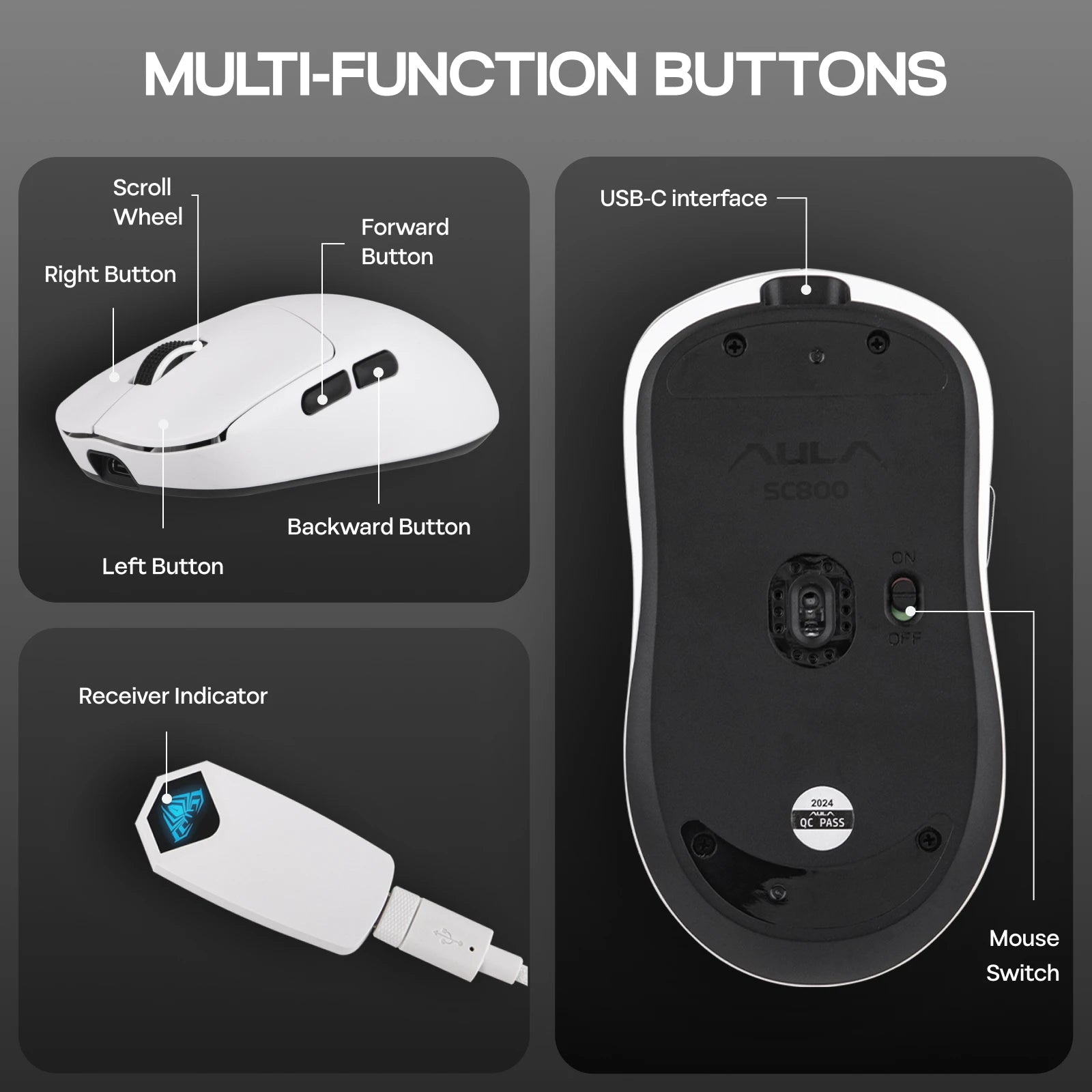 EPOMAKER AULA SC800 Wired/BT/2.4GHz Wireless Lightweight Gaming Mouse with PAW3395 Optical Sensor 26,000 DPI 250mAh Battery