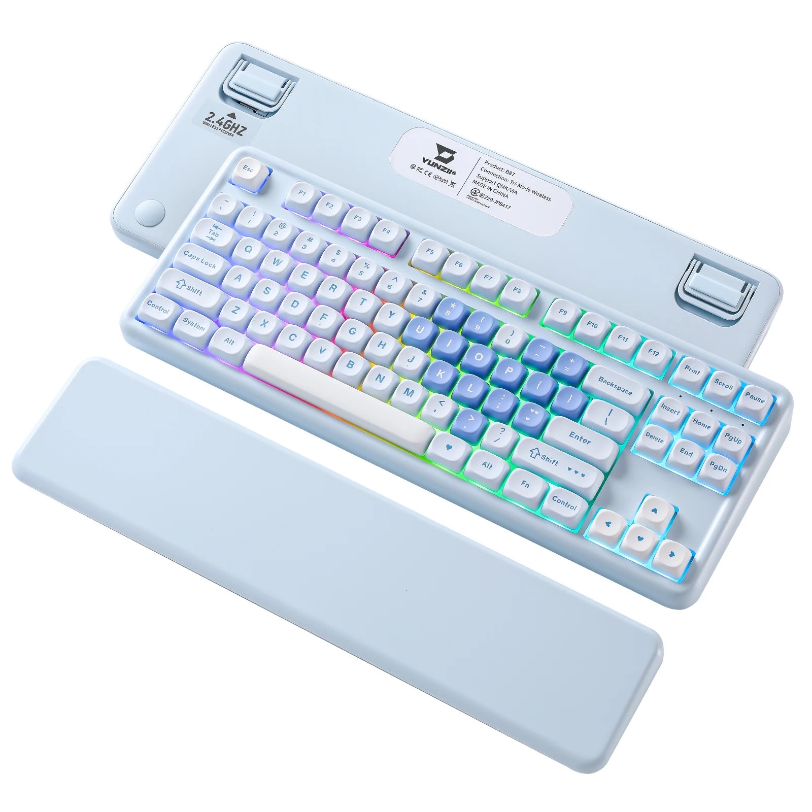 YUNZII B87 Heart Wireless Mechanical Keyboard, QMK/VIA Custom RGB Gaming Keyboard, Beauty Aesthetic Keeb, Wrist Rest for Win/Mac