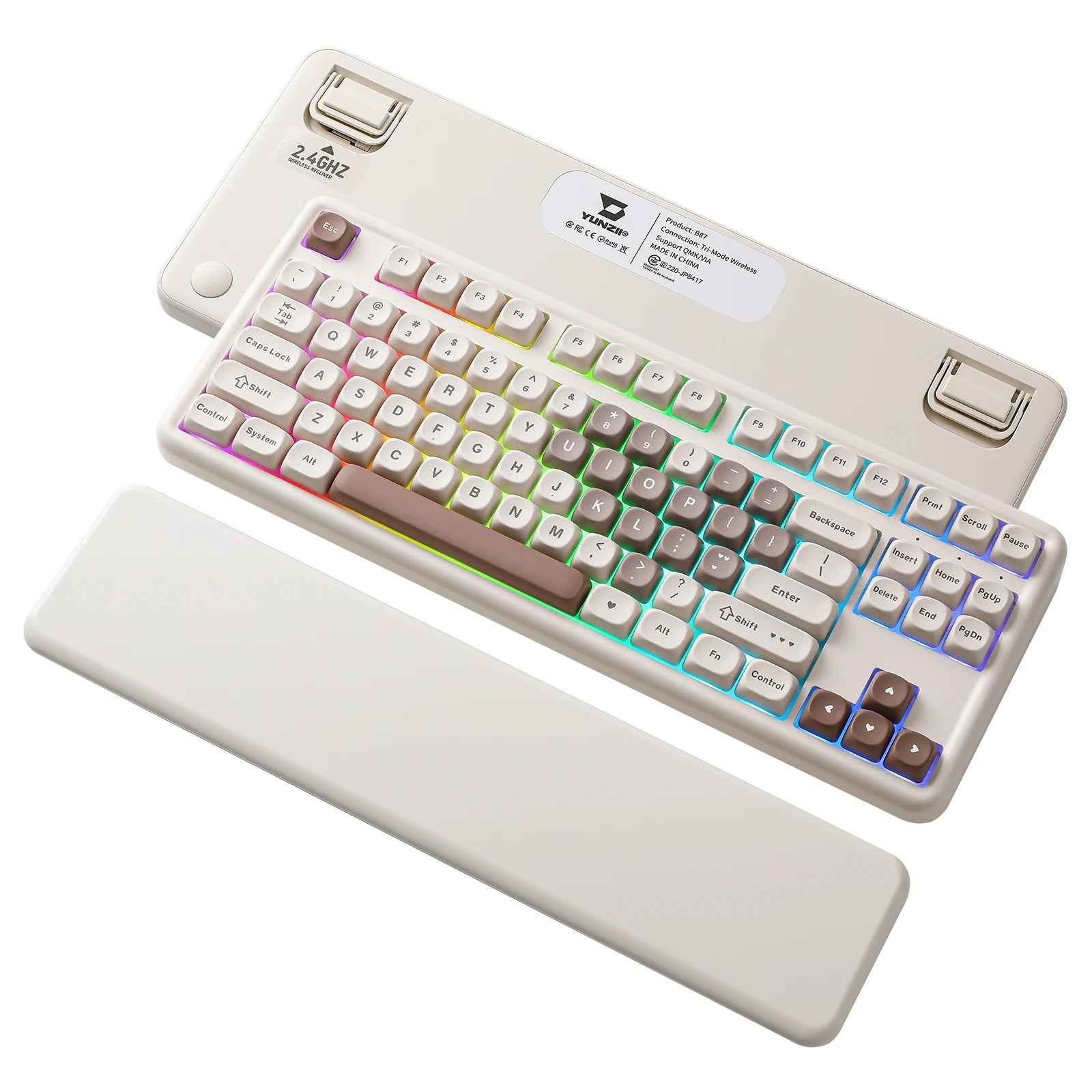 YUNZII B87 Heart Wireless Mechanical Keyboard, QMK/VIA Custom RGB Gaming Keyboard, Beauty Aesthetic Keeb, Wrist Rest for Win/Mac