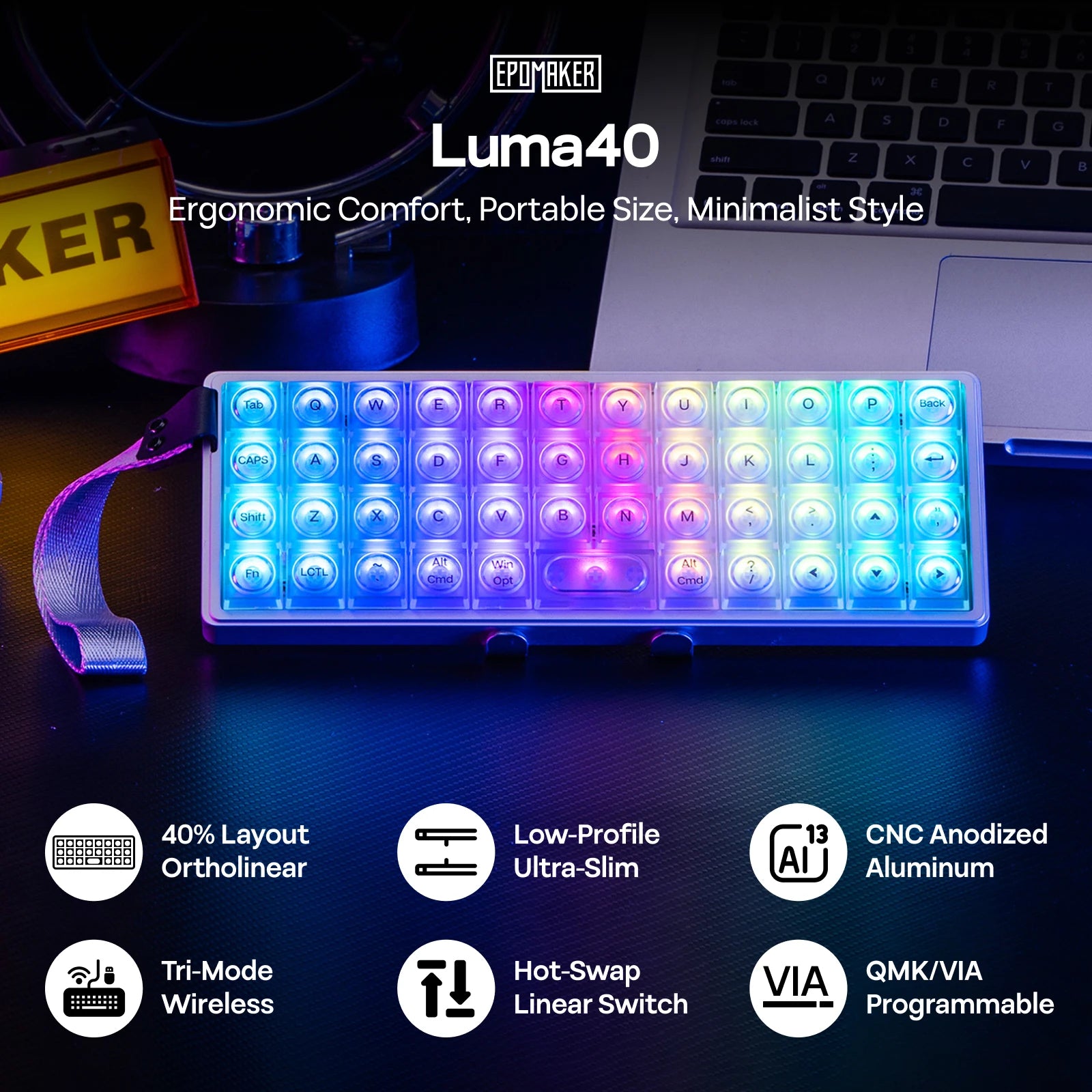 EPOMAKER Luma40 VIA 40% Ortholinear Layout Tray-Mounted Wired/BT/2.4Ghz Wireless CNC Metal Low Profile Mechanical Keyboard