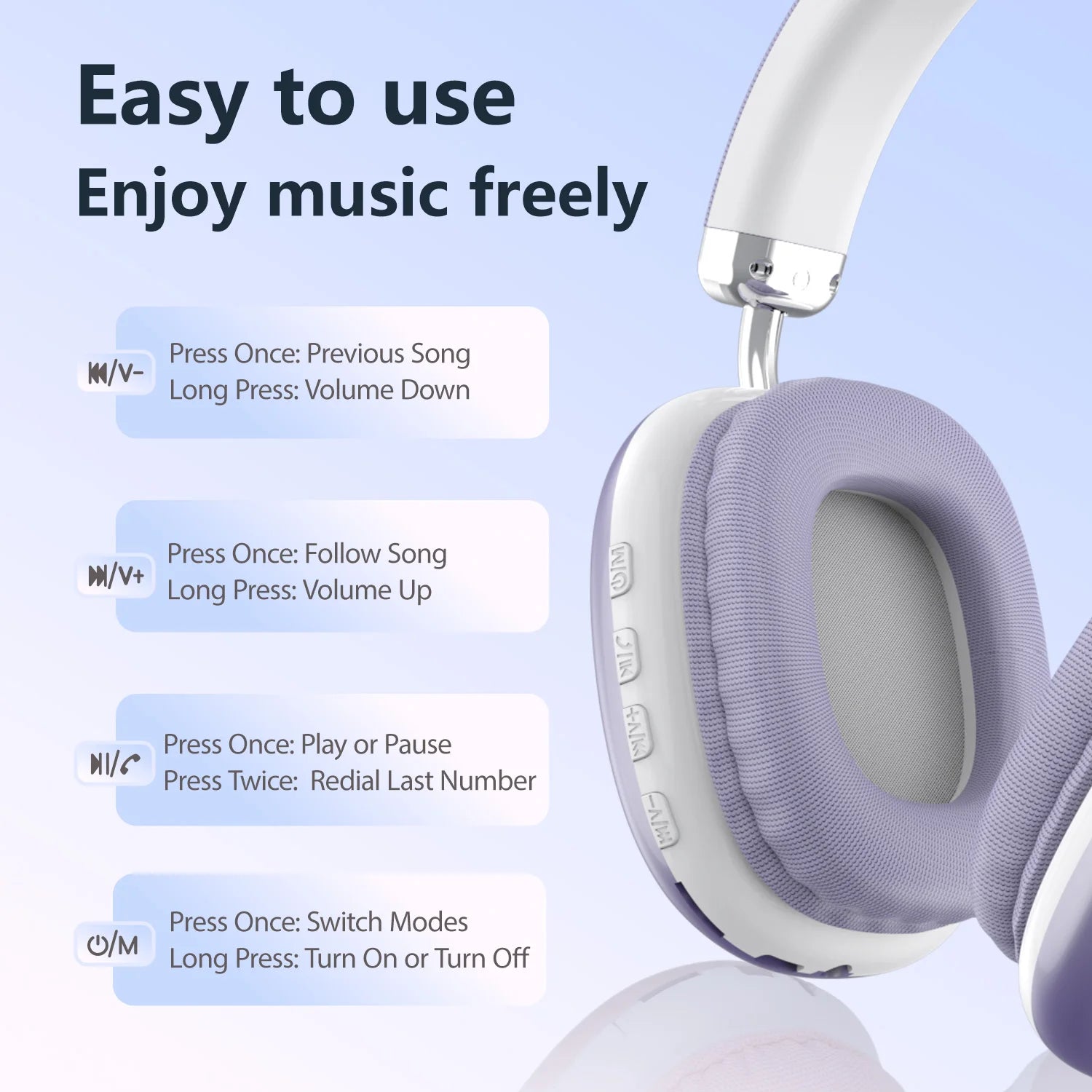 Bluetooth Headphones Over Ear Wireless Headset HiFi Music Gaming Comfortable Mic for iPhone Android PC Travel Sports Gift Purple