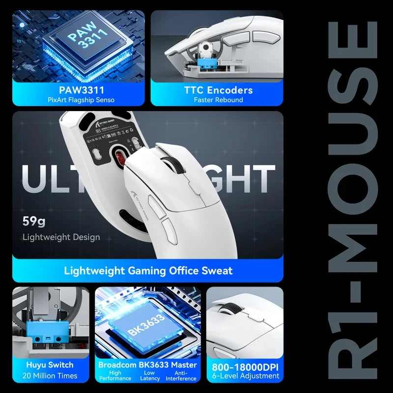 Attack Shark R1 Tri-Mode Wireless Gaming Mouse – 18000 DPI / 1000Hz, PAW3311, with Macro Support