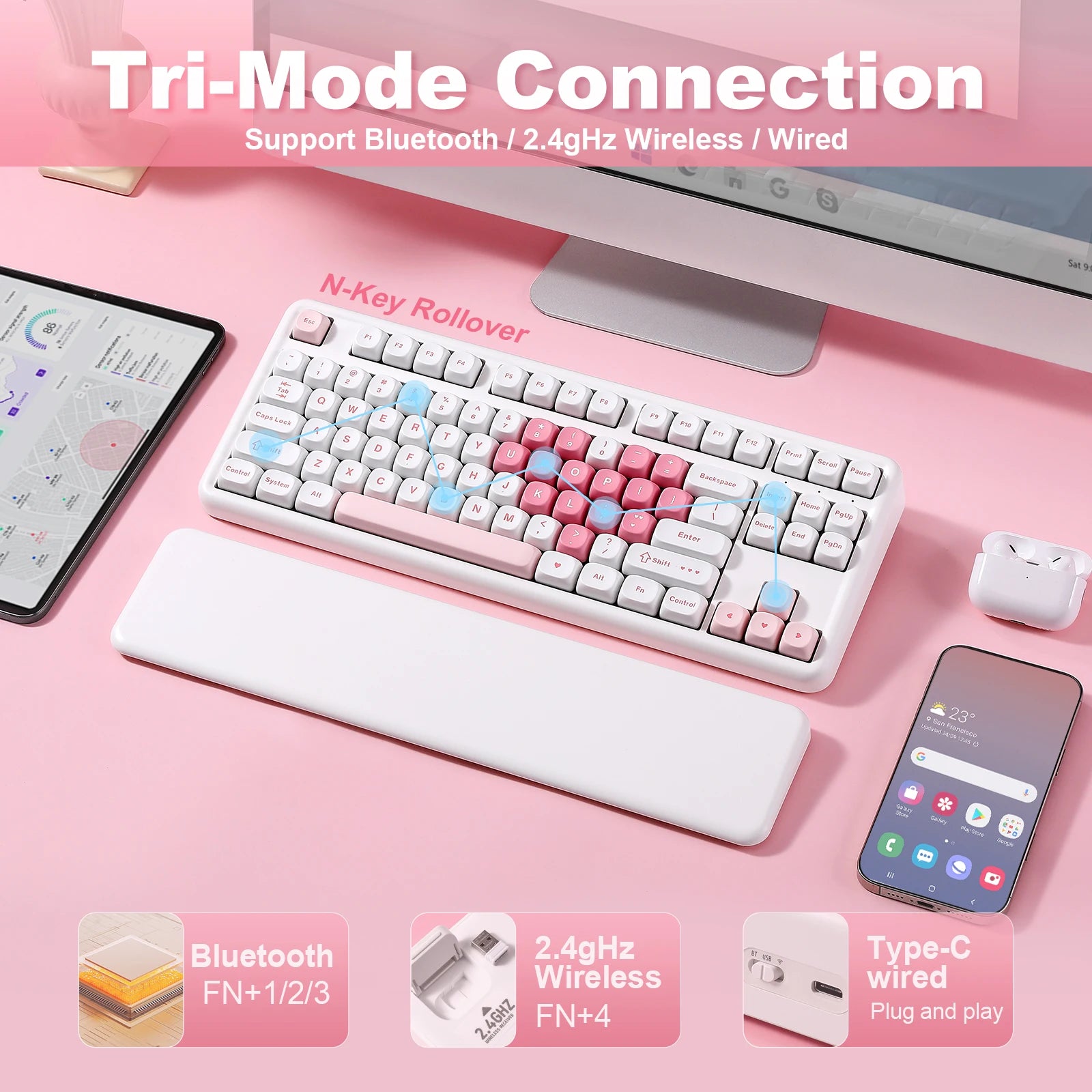 YUNZII B87 Heart Wireless Mechanical Keyboard, QMK/VIA Custom RGB Gaming Keyboard, Beauty Aesthetic Keeb, Wrist Rest for Win/Mac